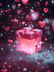 A box with a pink ribbon is surrounded by a flurry of hearts. Concept of love and celebration, as if the box is a gift for someone special. The bright pink color of the box