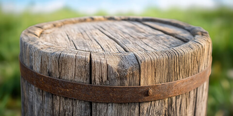Naklejka premium A weathered wooden barrel top with metal banding.