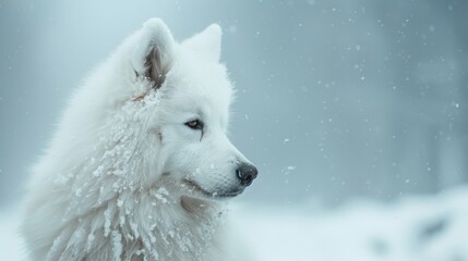 Obraz premium portrait of a Samoyed with blurred snowy landscape background, copy space, cinematic