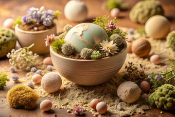 Obraz premium serene arrangement of pastel earth clay, featuring globe surrounded by delicate flowers and moss in wooden bowl. scene evokes tranquility and nature beauty