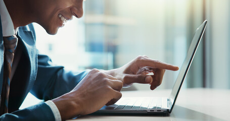 Happy man, hands and pointing at laptop for business, problem solving and ecommerce in office. Trader, smile and tech in agency on cryptocurrency platform, decision and stock selection for investment