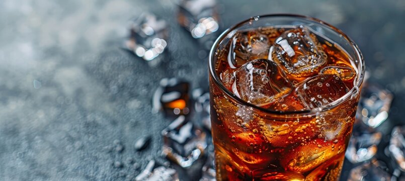 Close-up of a glass of cola with ice cubes