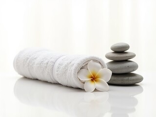A white rolled towel adorned with a delicate flower rests beside a stack of smooth stones, creating a calming atmosphere perfect for relaxation and wellness