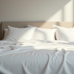 A cozy bedroom is bathed in gentle morning light, revealing a neatly made bed adorned with fluffy pillows and smooth white linens, creating a tranquil atmosphere for relaxation