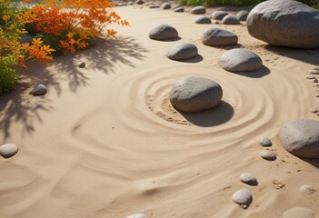 low-angle shot of a zen garden with intricately placed rocks and raked sand, emphasizing its natural beauty, stone selection, rock placement, rock art