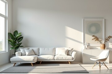 A tranquil living area showcases a light-colored sofa with plush pillows, a sleek armchair, and a decorative rug. Sunlight streams through large windows, enhancing the serene atmosphere