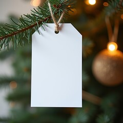 A blank gift tag dangles gracefully from a lush Christmas tree, surrounded by shimmering golden ornaments and soft glowing lights, evoking a warm holiday spirit