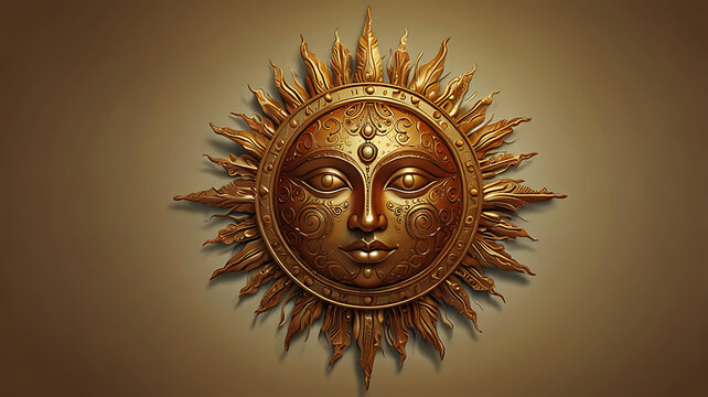A decorative sun face wall hanging, crafted with radiant golden hues, symbolizing energy and vitality, isolated on a plain background.

