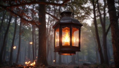 Flickering flames in a metal lantern hanging from a tree branch in a forest, branch, atmosphere, tree