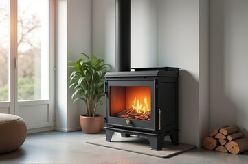 A black wood stove radiates warmth with a crackling fire, nestled beside a lush green plant and stacked firewood in a bright, modern living space. Sunlight filters through the windows