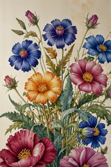 Watercolor art, watercolor painting of flowers on white paper, in the style of victorian-inspired illustrations