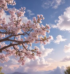 delicate flowers on the branches of a tree against a soft pastel-colored sky with puffy white clouds , pastel, branch