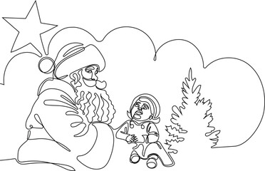 One continuous line drawing Santa Claus on reindeer and sled. concept for Christmas and New Year. vector illustration. Vector illustration