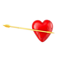 A vibrant red heart pierced by a golden arrow, isolated on a white background