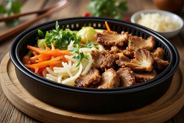 Fototapeta premium Savory Roasted Mushrooms Noodles and Vegetables Dish