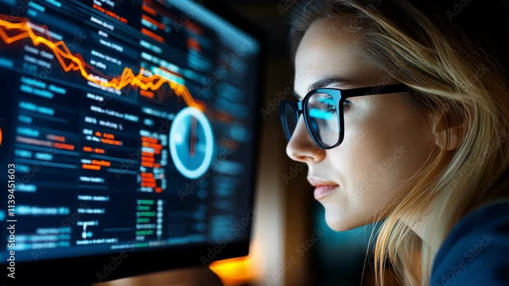 Poster focused businesswoman analyzing data on a computer screen in a dark environment.