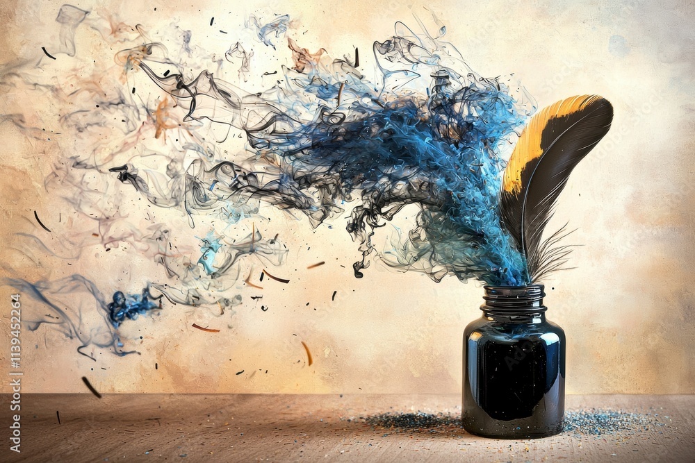 Poster ink exploding from quill pen in inkwell
