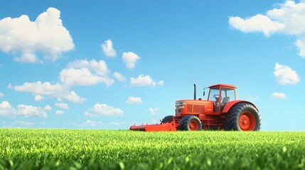 Fototapeta premium Red Tractor Working in a Lush Green Field