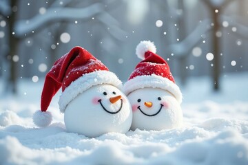 Two snowmen wearing santa hats in snowy winter