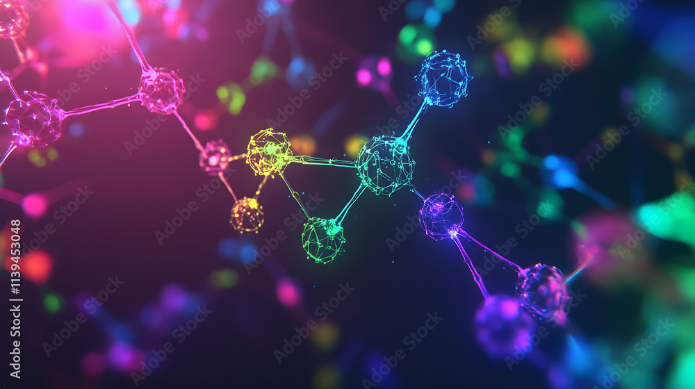 Poster a vibrant illustration of a molecular structure with interconnected glowing nodes in rainbow colors 