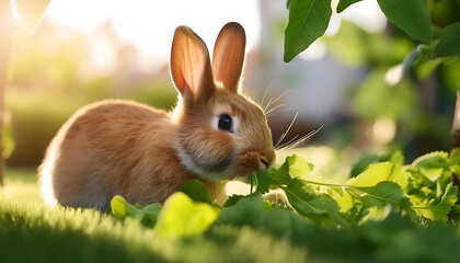 Fototapeta premium Curious Rabbit Enjoying Fresh Green Leaves in a Sunlit Backyard