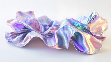 Fototapeta premium A sculptural, abstract form made of iridescent, flowing fabric with shimmering pastel hues and reflective light effects. .
