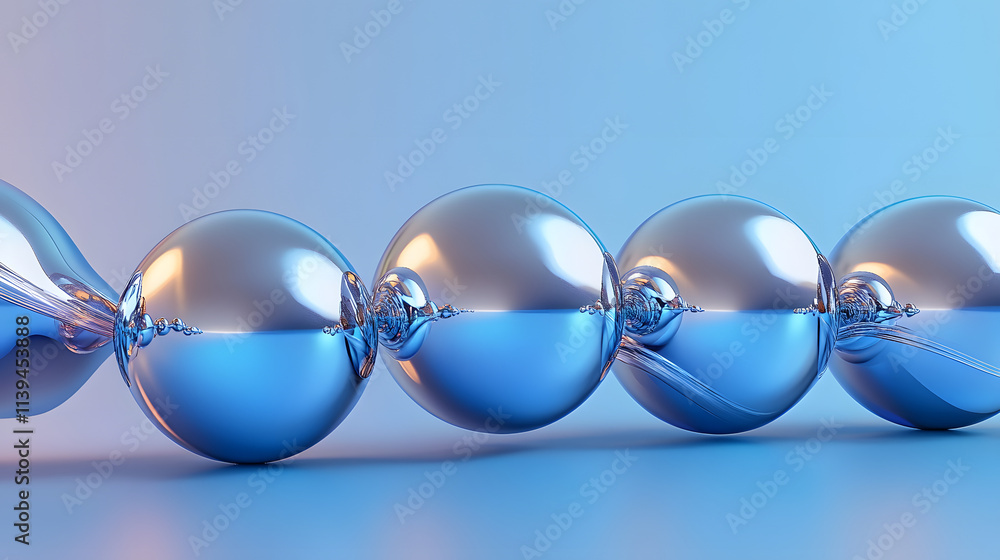 Poster close-up of connected metallic spheres with a reflective surface, set in a smooth gradient of blue t