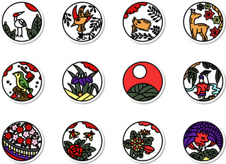 12種類のステッカーミニ円形花札アイコンセット