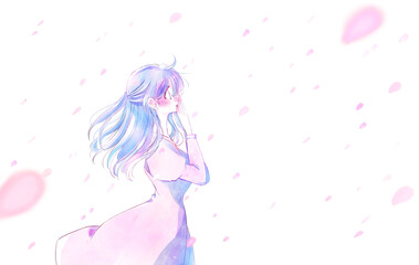 驚く女性　桜吹雪