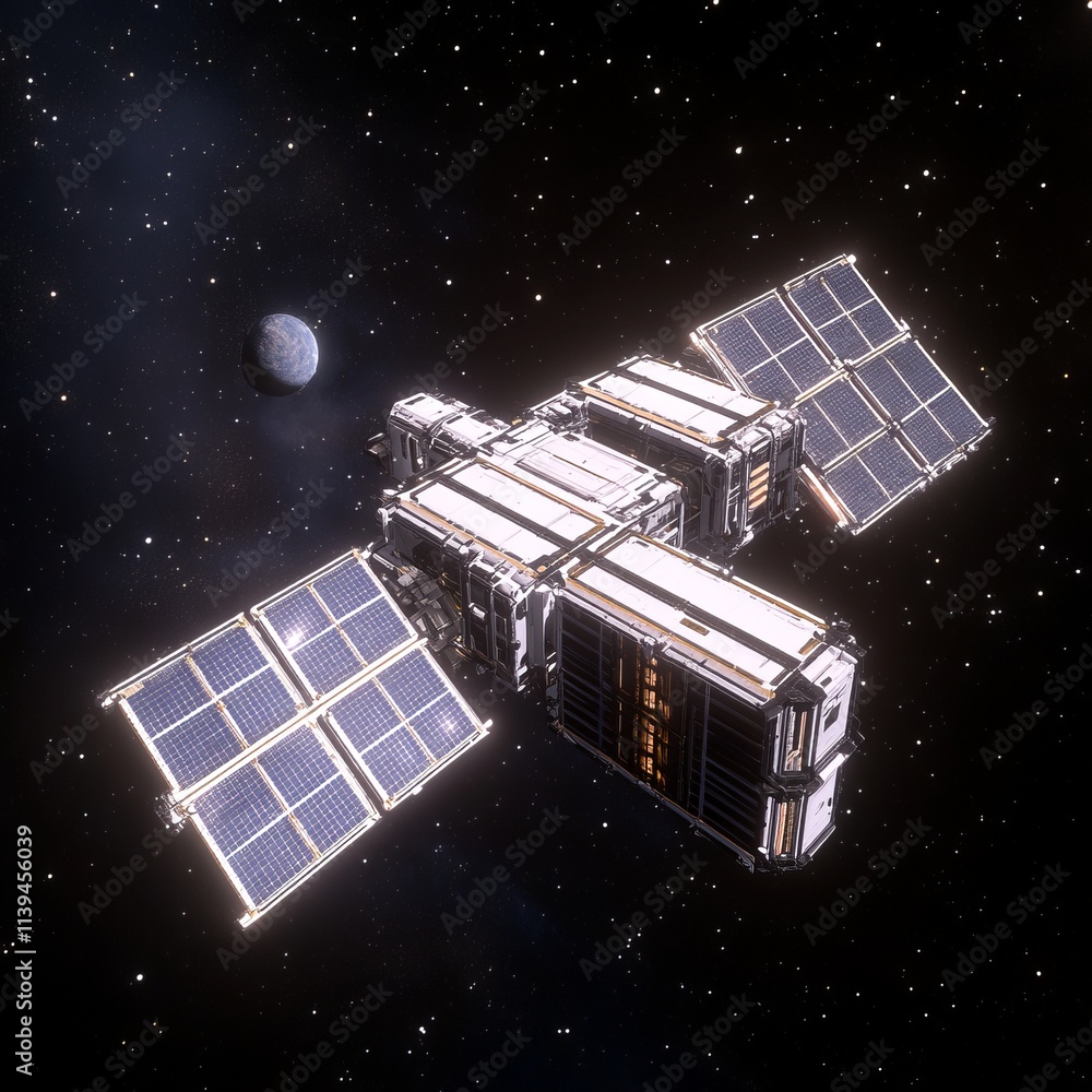 Poster advanced spacecraft orbiting celestial body in deep space
