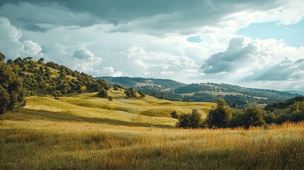 Beautiful Landscape with Hills, Trees, and Cloudy Sky