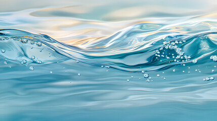 A crystal-clear ocean wave in motion, showcasing water bubbles and light reflections, conveying freshness and tranquility.  .