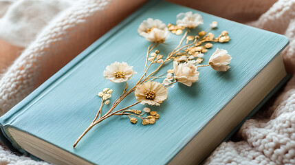 Fototapeta premium romantic DIY bookmark made of pressed flowers on blue book cover