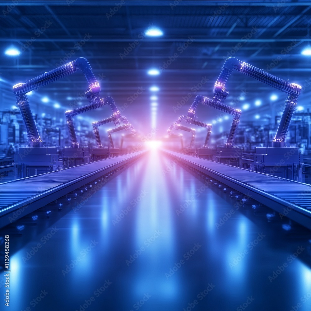 Poster automated factory assembly line with robotic arms
