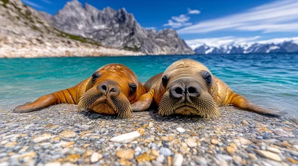 Peel and stick wall murals Resting walrus family on rocky shores, enjoying serene ocean view. Their whiskered faces and relaxed posture create peaceful scene in stunning natural landscape