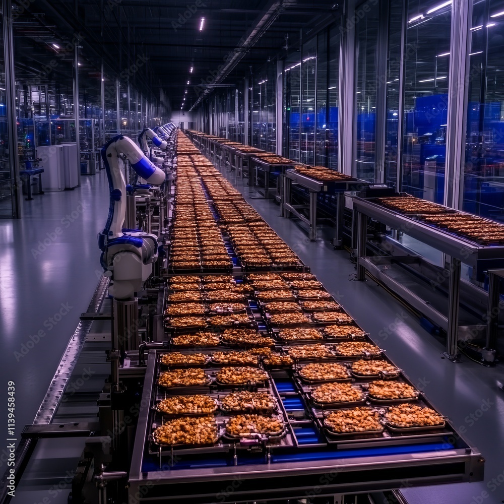 Poster automated food processing factory line with robotic arms
