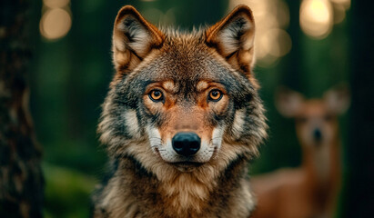 Obraz premium close up of wolf in temperate forest, showcasing its intense gaze and detailed fur. background features deer, highlighting natural habitat