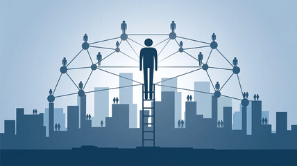 Obraz premium Illustration of a person silhouette transforming into interconnected roots and network branches symbolizing company growth, leadership, teamwork, and business expansion with modern background. 