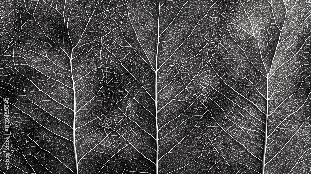Poster a monochrome close-up view of leaf veins, emphasizing their intricate network and texture in high de