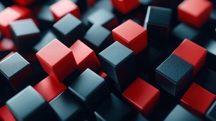Abstract Red and Black Cube Composition: A 3D Render of Interlocking Blocks