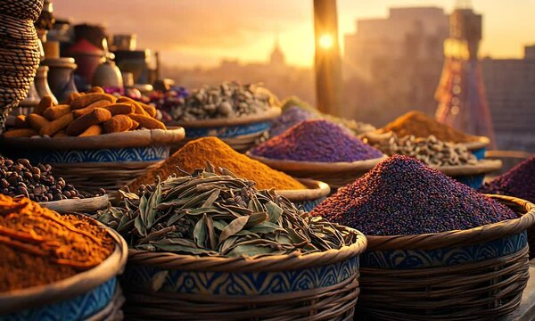 Aromatic Spices at Sunset in a Vibrant Market