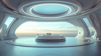 Fototapeta premium Futuristic Office with Panoramic Cityscape View