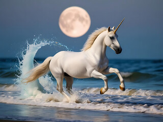 Obraz na płótnie Canvas Realistic unicorns playfully splashing in ocean waves under full moon beach scene dreamy fantasy serene mood