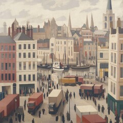 Fototapeta premium Cityscape Harbor with Boats and Buildings, Busy Quayside