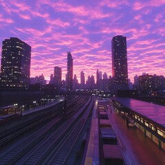 Fototapeta premium Cityscape Railroad Tracks at Sunset Purple Sky Urban Transit Scene