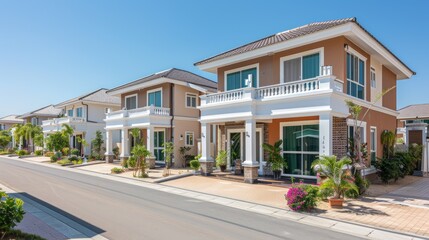 Row of suburban homes with a blue sky.