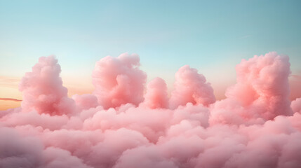 Fototapeta premium Soft, fluffy clouds in pastel pink and orange hues illuminated by a glowing sunset, creating a serene, dreamy atmosphere. .