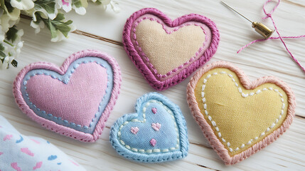 Hand stitched heart patches in pastel colors, perfect for crafts and decor