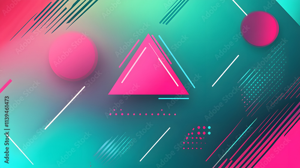 Poster a modern abstract artwork with a neon triangle, circles, and gradient lines in pink and teal, creati