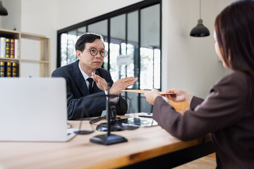 Lawyer or judge consult, Businessman and woman lawyers discussing about contract and agreement concept.
